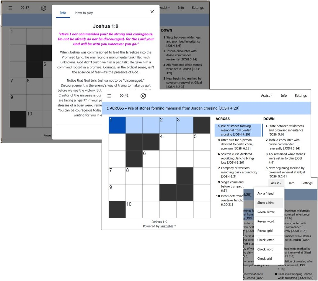 Bible Crossword digital player with daily mini puzzles, hints, and Scripture devotionals