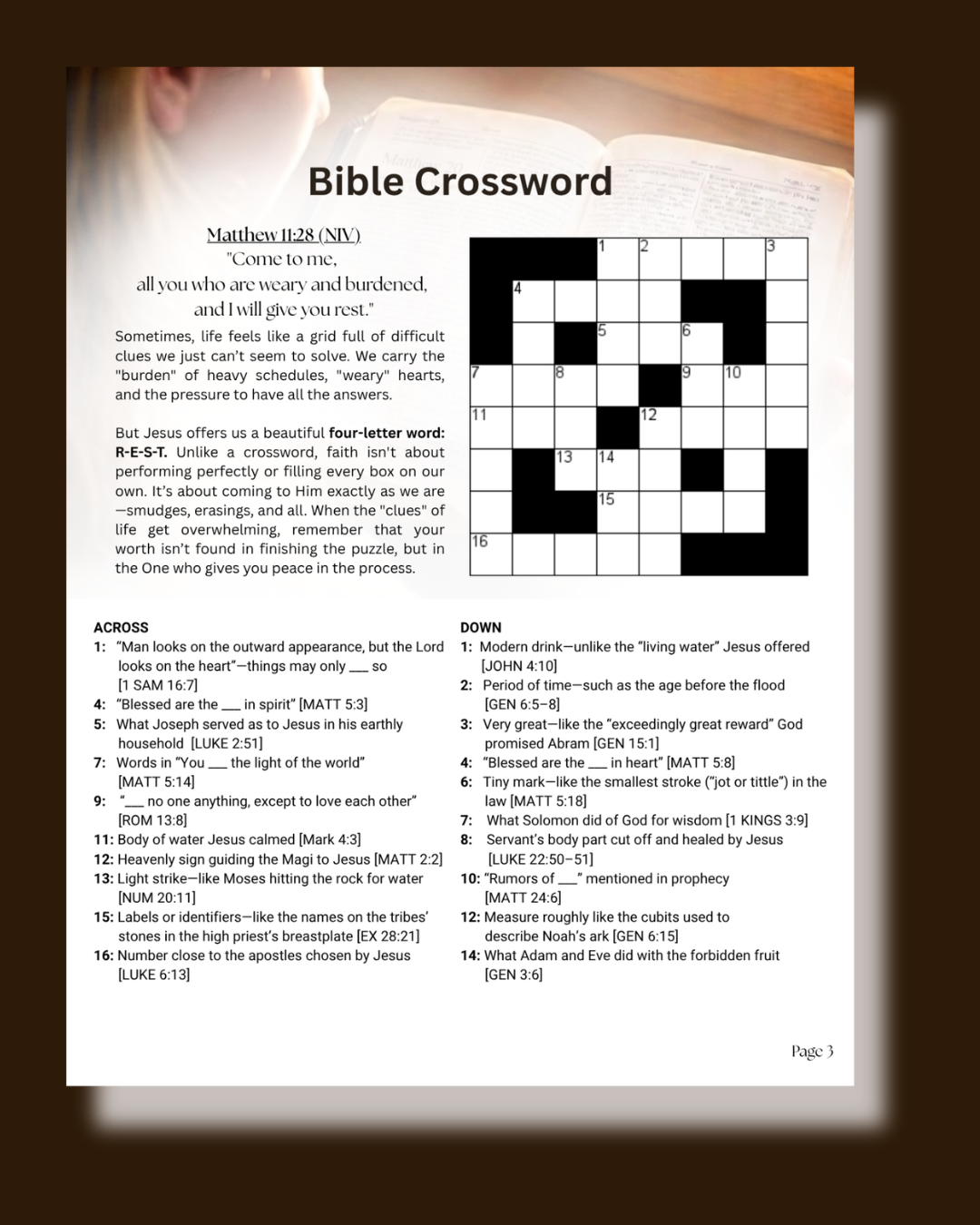 Sample Bible Crossword printable with Scripture verse and themed clues